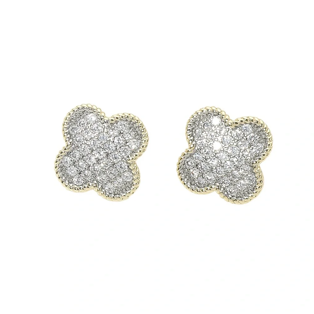 14K Gold Plated CZ Pave Quatrefoil Stud Earrings